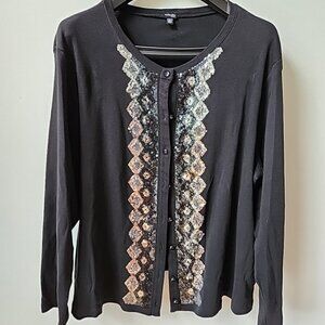 Women's Black Knit Cardigan size 2X with Silver Sequin embellishments 100% Cotto
